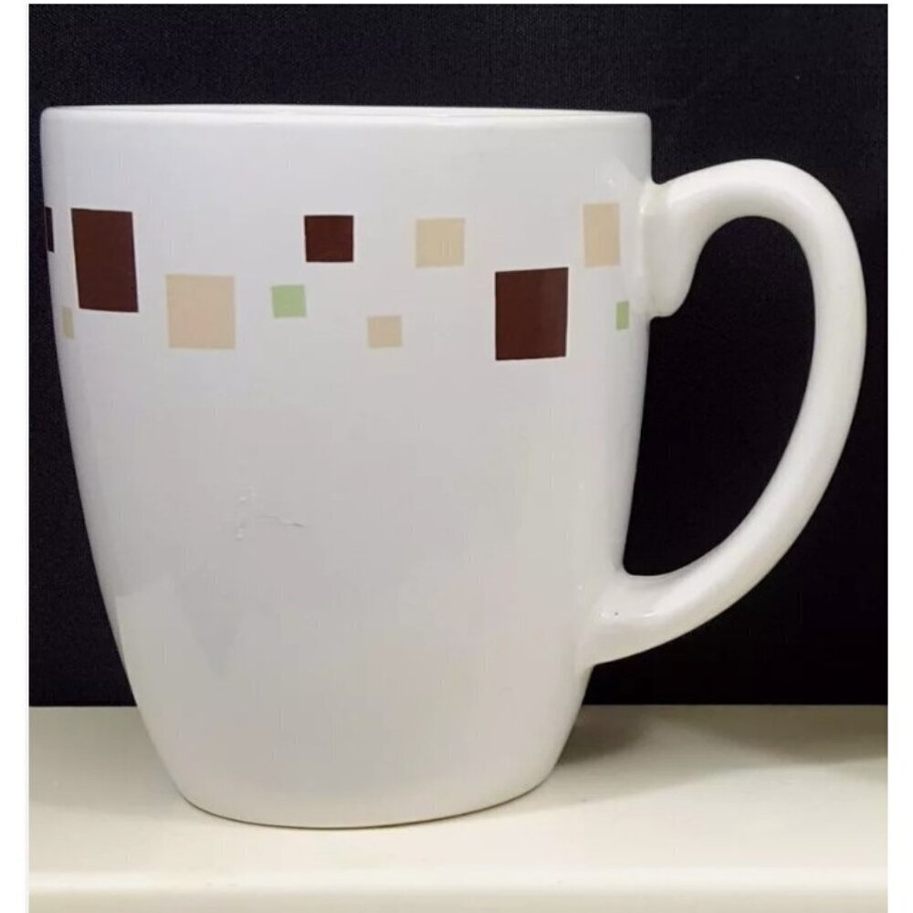 Corelle Livingware Coffee Mug Geometric squares brown green tan Corning EUC